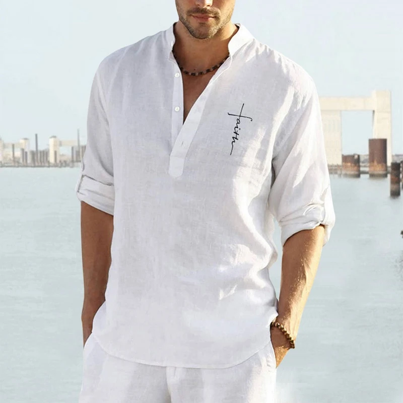 

Laamei Long Sleeve Shirt Linen Tops Sexy Men Clothing 2021 Summer Letter Print Casual Pullover Single-breasted Sexy Men Blouse