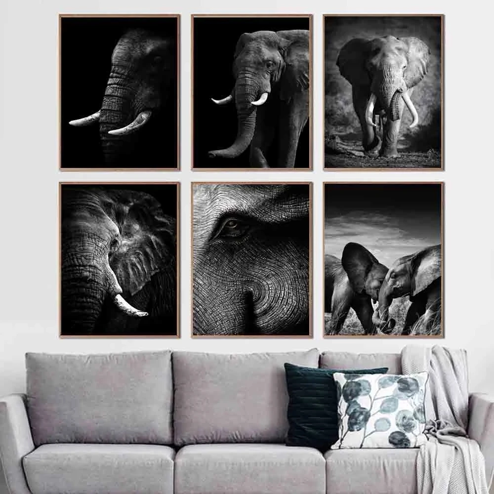 Животное холст живопись слон черно-белый постер Офисная настенная гостиная