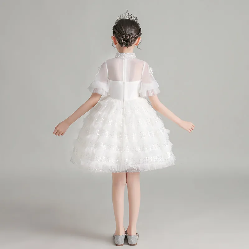 

Baby Kids Pure White Color Birthday Wedding Party Princess Mesh Dress Teens Infants Elegant Piano Host Dance Costumes Prom Dress