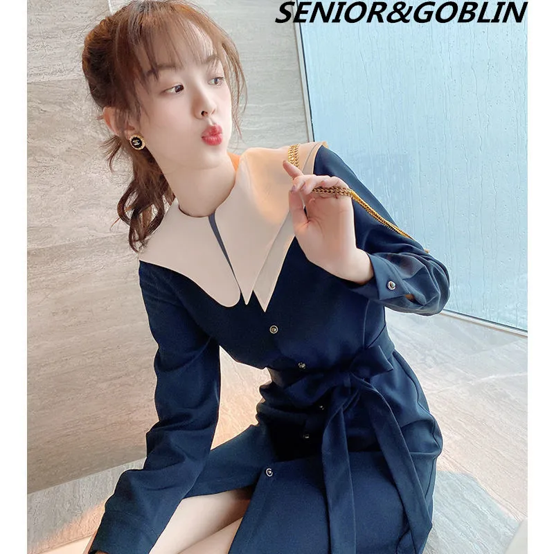 

Женское мини-платье составного кроя, винтажное однобортное платье с воротником «Питер Пэн» и длинным рукавом, 2021