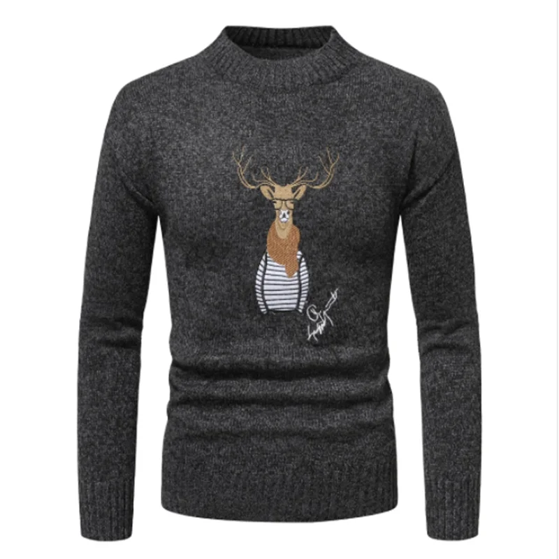 Men's Tights Fashion  Brand Knit Pullover Half Turtleneck Autumn/winter Warm Deer Embroidered Christmas Deer Sweater Casual Wear