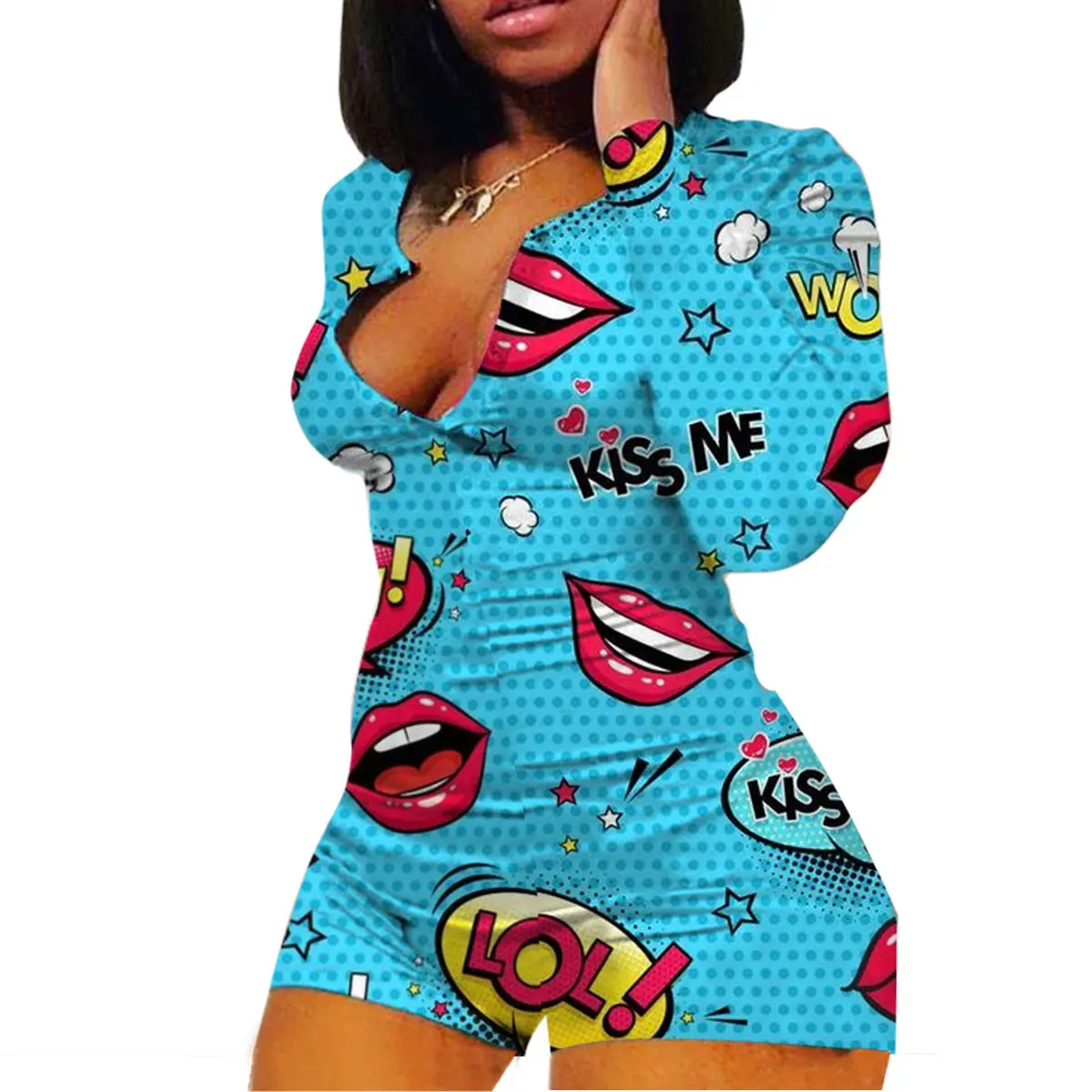 

Summer Autumn Women V-neck Long Sleeve Jumpsuit Lip Print Leotard Sleepwear Sexy Slim Casual Rompers