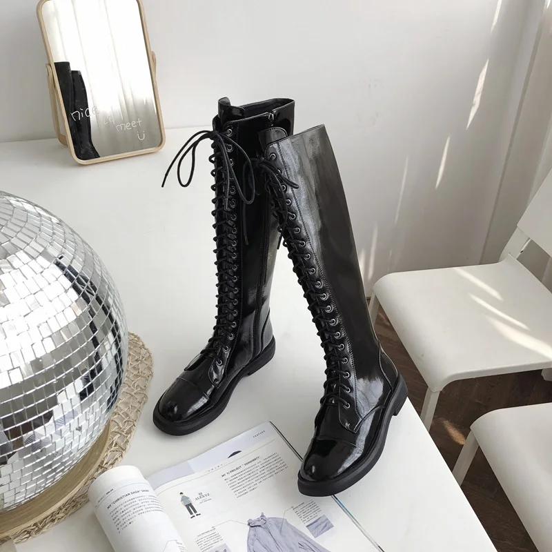 spesifikasi EGONERY Kulit Sepatu Bot Setinggi Lutut Sepatu Wanita Fashion Musim Gugur Musim Dingin Biru Beige Black Lace-Up Sepatu Berkuda 34-39CN Drop Pengiriman
