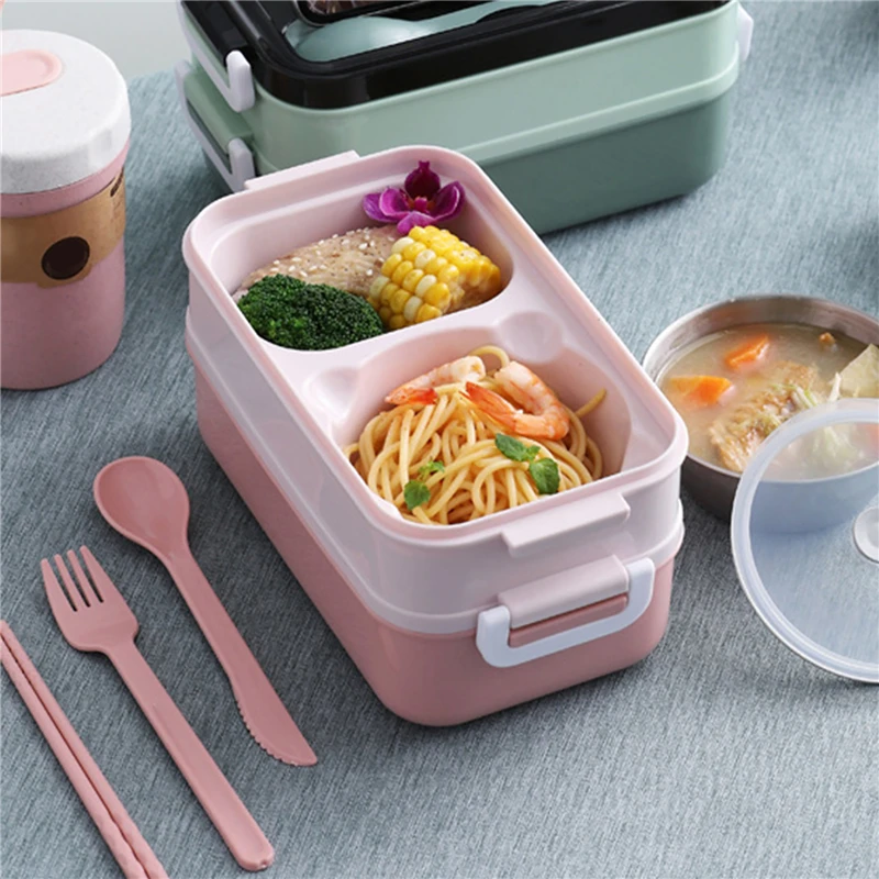 

Новый Ланч-бокс Bento для студентов, офисных работников, двухслойный Ланч-бокс с подогревом для микроволновой печи, контейнер для хранения пищ...