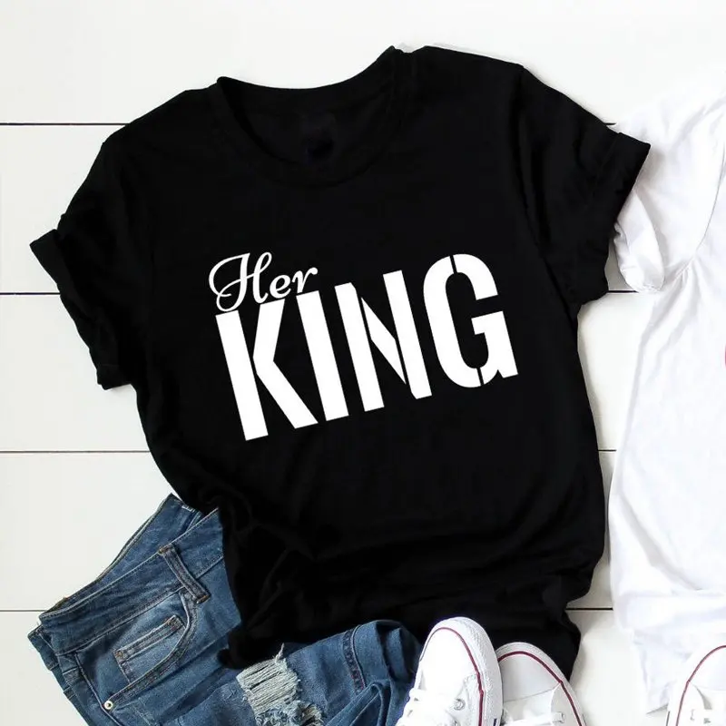 her king-black tee Ее король его королева совпадающие для пары футболки Повседневная графическая забавная Футболка Топ унисекс для женщин День Святого Валентина подарок футболка Прямая - Color: her king-black tee
