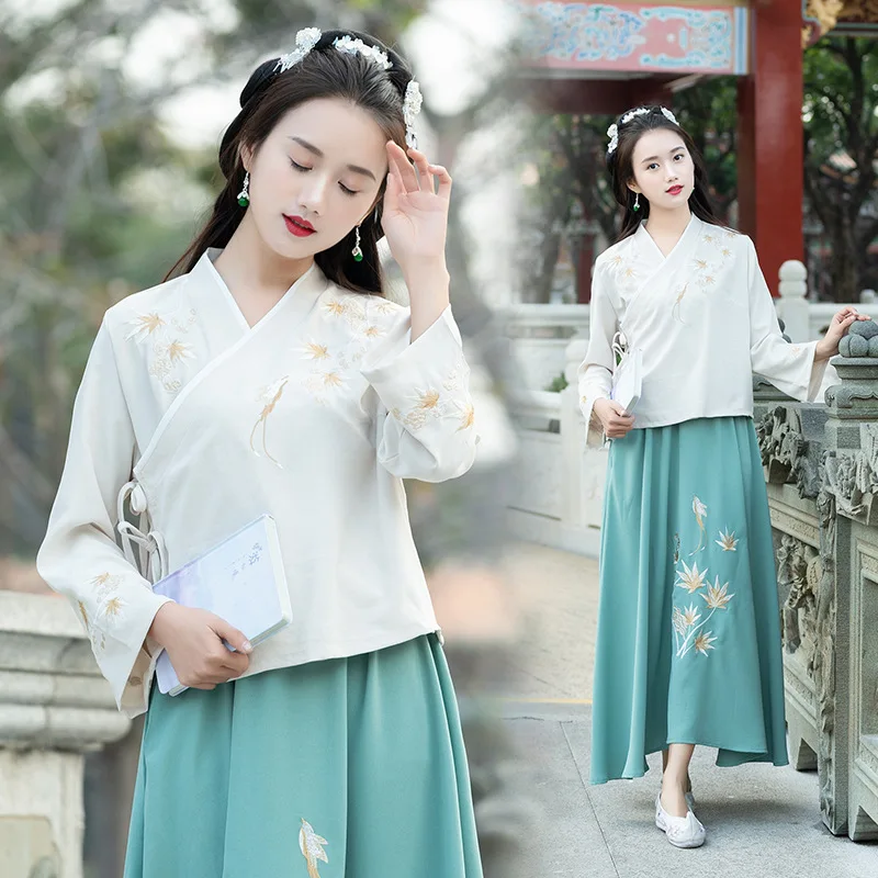 

Танцевальные костюмы с зеленой вышивкой Hanfu, женский наряд для народного фестиваля, одежда для выступления в старинном стиле, женское сказо...