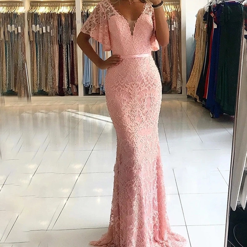 Женское вечернее платье с юбкой годе элегантное розовое короткими рукавами и