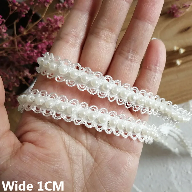 

1CM Wide White Polyester Glitter Pearls Braided Webbing Beaded Fringe Lace Edging Trim Wedding Dress Headwear DIY Sewing Decor