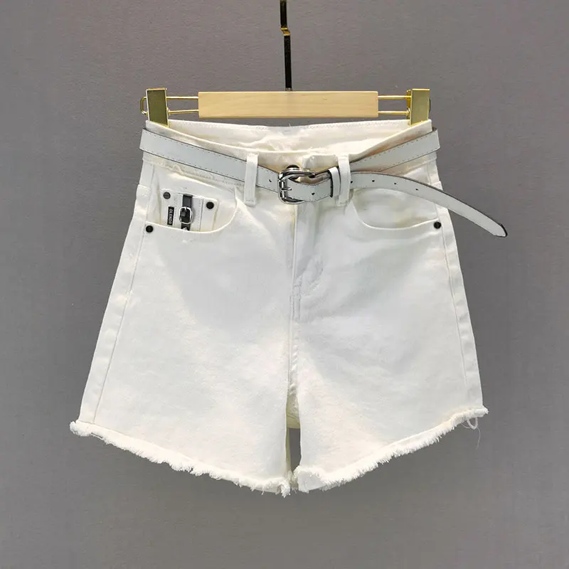 

Белые джинсовые шорты для женщин, Новинка лета 2021, хлопковые облегающие широкие штаны с высокой талией и эластичным поясом, женские джинсов...