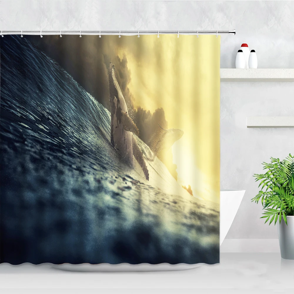 Dolphin Ocean Landscape Shower Curtains Sunset Sea Waves Shark Fish Marine Animals Decor Bathroom Waterproof Bath Curtain Hooks | Дом и сад