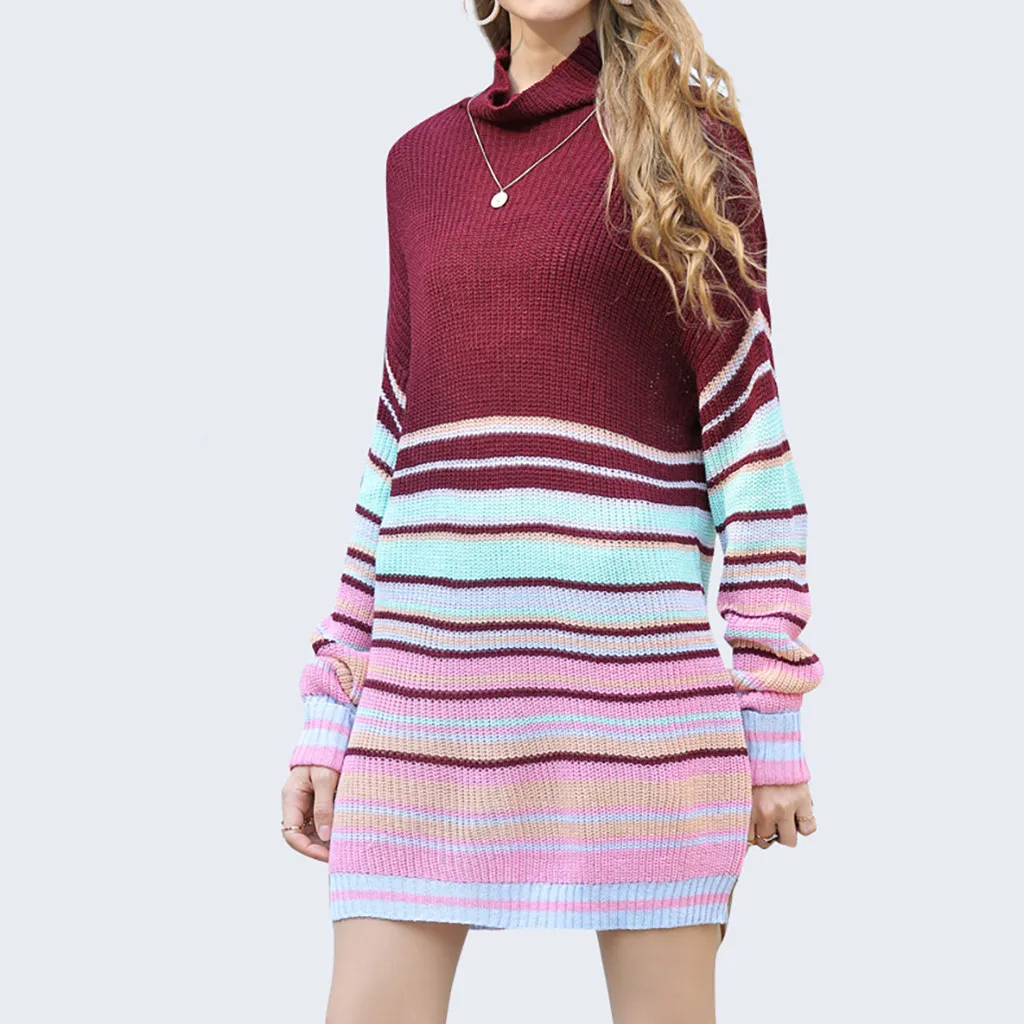 

Winter Sexy Women Sweater Dress Ladies Bodycon Patchwork Long Sleeve Turtleneck Knitted Mini Dress Straight Casual Dresses Robe