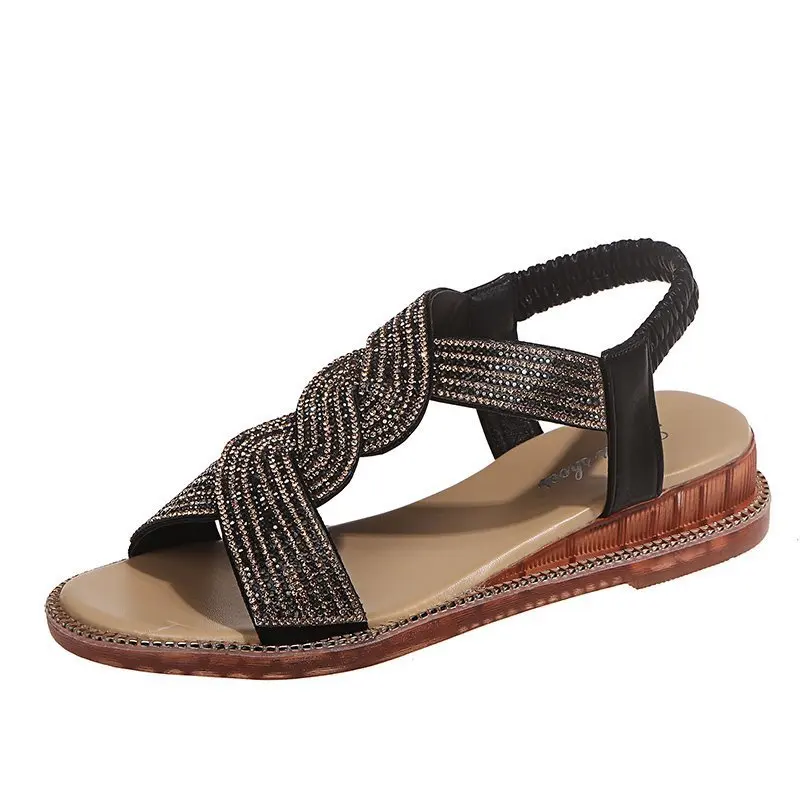 

Summer sandals fairy style 2021 new soft bottom elastic band diamond slope heel sandals middle heel Roman shoes