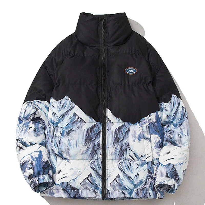 

New Winter Snow Mountain Print Bomber Men Cotton Padded Jacket Parkas Windproof Oversized Hip Hop Streetwear Couples Bubble Coat