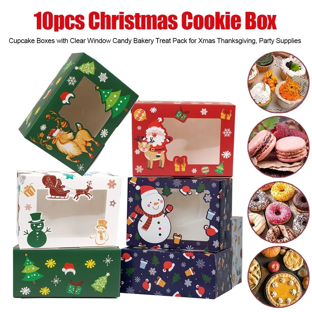 

10 шт. Рождественская коробка для печенья, подарочные коробки из крафт-бумаги для конфет, пакеты, упаковочная коробка для еды, рождественский...