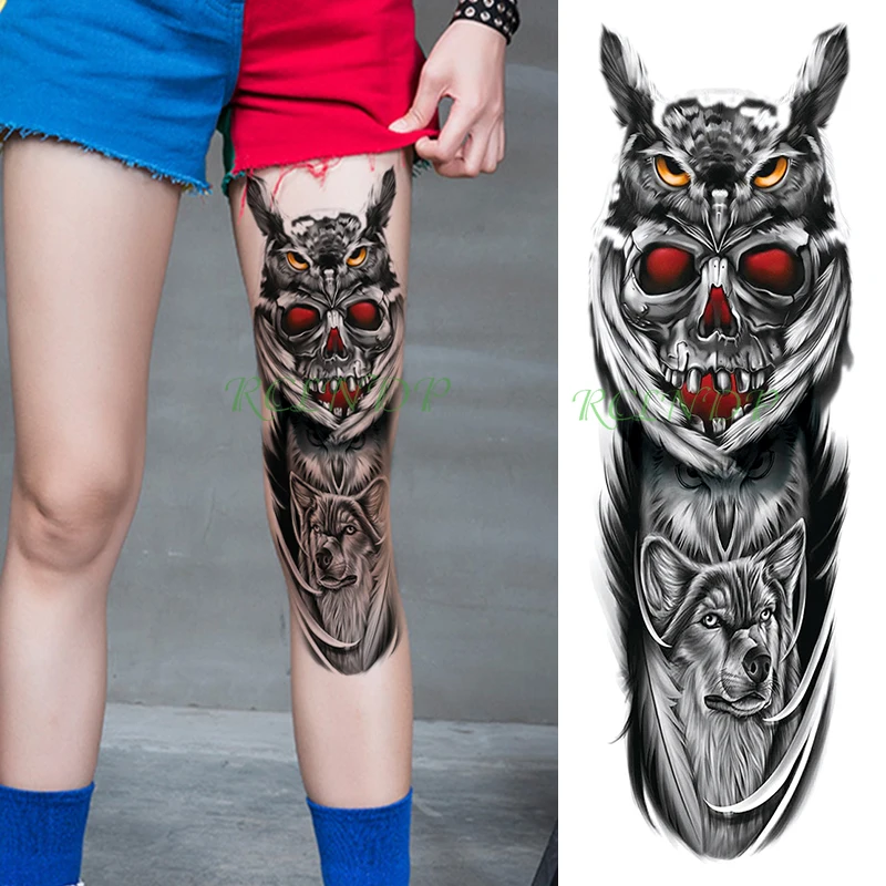 Водостойкая Временная тату наклейка Сова Череп волк животные перо полная рука