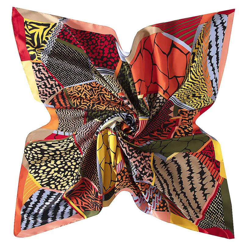 

130cm Geometric Matchwork Plaid Brand Scarf 2021 New Square Scarf Twill Silk Scarf Women Bandanna Shawl Scarves For Ladies