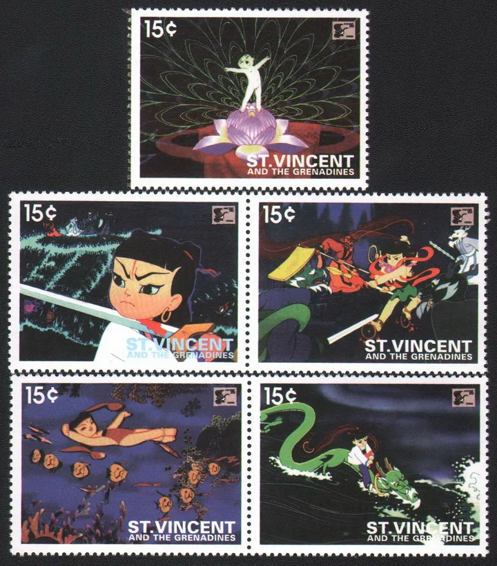 

5 шт./компл. Новый штамп в стиле Сент-Винсента, китайский мультяшный принц нежха Триумф против Дракона Кинга, штампы MNH