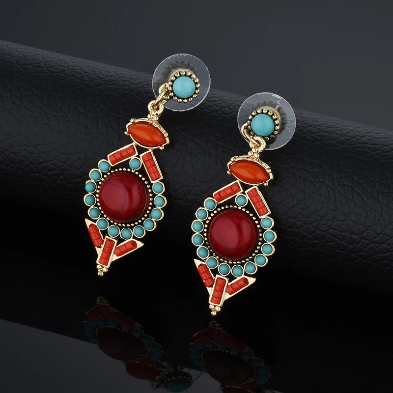 

Retro Fashion Tassel Earrings Long Big Hanging Luxury Vintage Big Black Drop Earrings With Red Stone For Women