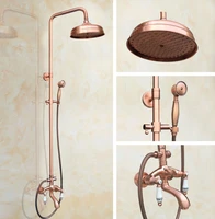 antique red copper brass dual ceramic handles bathroom 8 inch round rain shower faucet set tub mixer tap hand shower mrg531