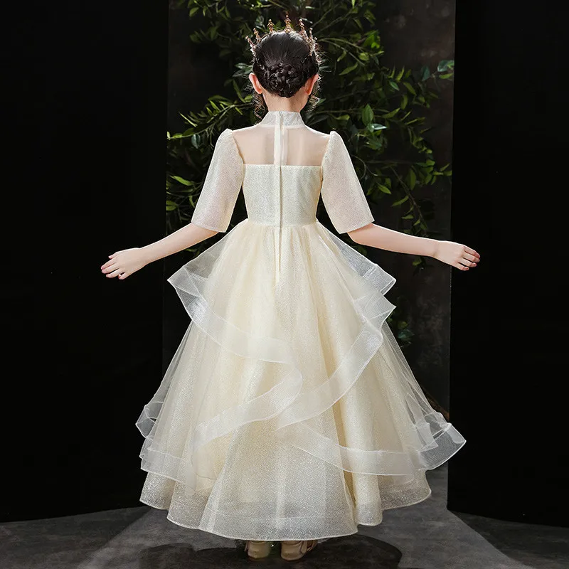 

High Quality Champagne Color Exquisite Design Birthday Wedding Party Princess Fluffy Dress For Kids Children Piano Costumes Wear