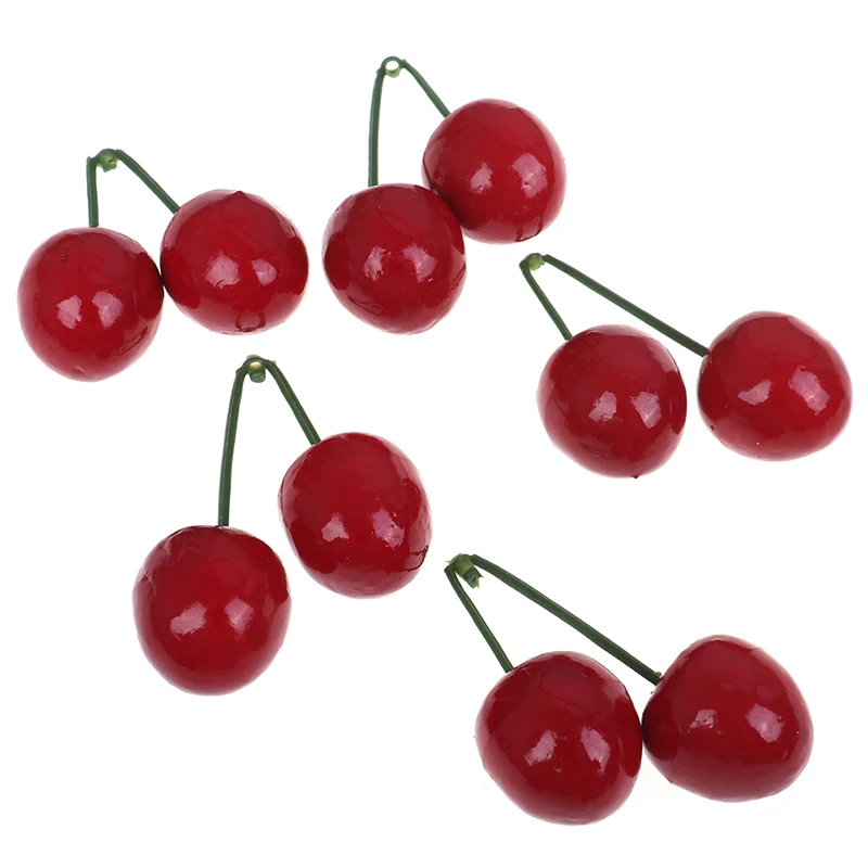 

5 Pairs Funny Kitchen Toys 2.5cm Mini Fake Plastic Fruit Small Berries Artificial Flower Red Cherry For Kids