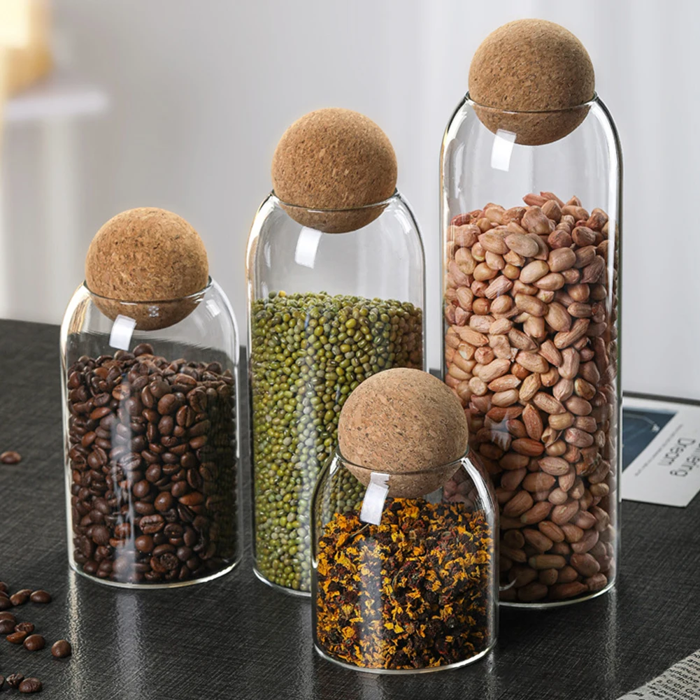 

Ball Cork Lead-free Glass Jar With Lid Bottle Storage Sealed Tea Coffee Cans 500-1600ml Clear Kitchen Storage Bottle Bean Sugar