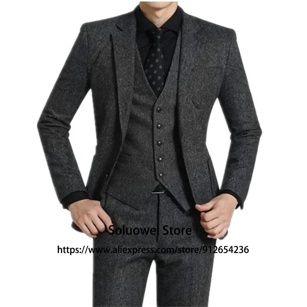 Костюм твидовый облегающий мужской из 3 предметов пиджак жилет брюки для жениха
