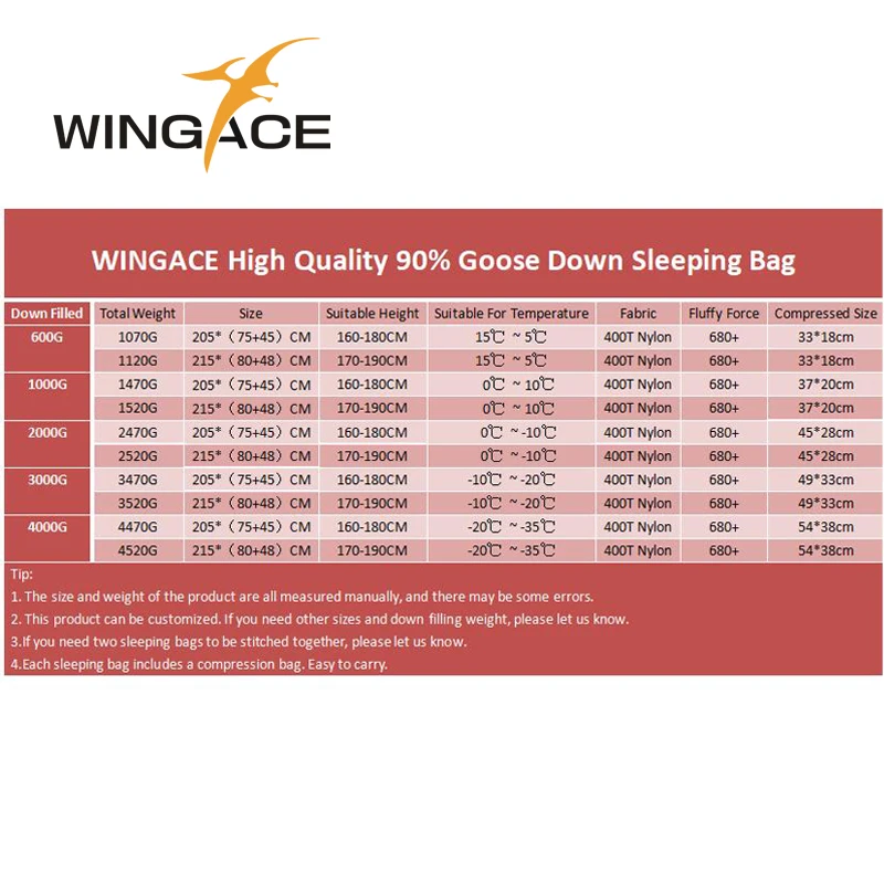 WINGACE заполнить 2000 г 3000 4000 гусиный пух спальный мешок Сверхлегкий Поход Открытый путешествия Мумия спальный мешок uyku tulumu