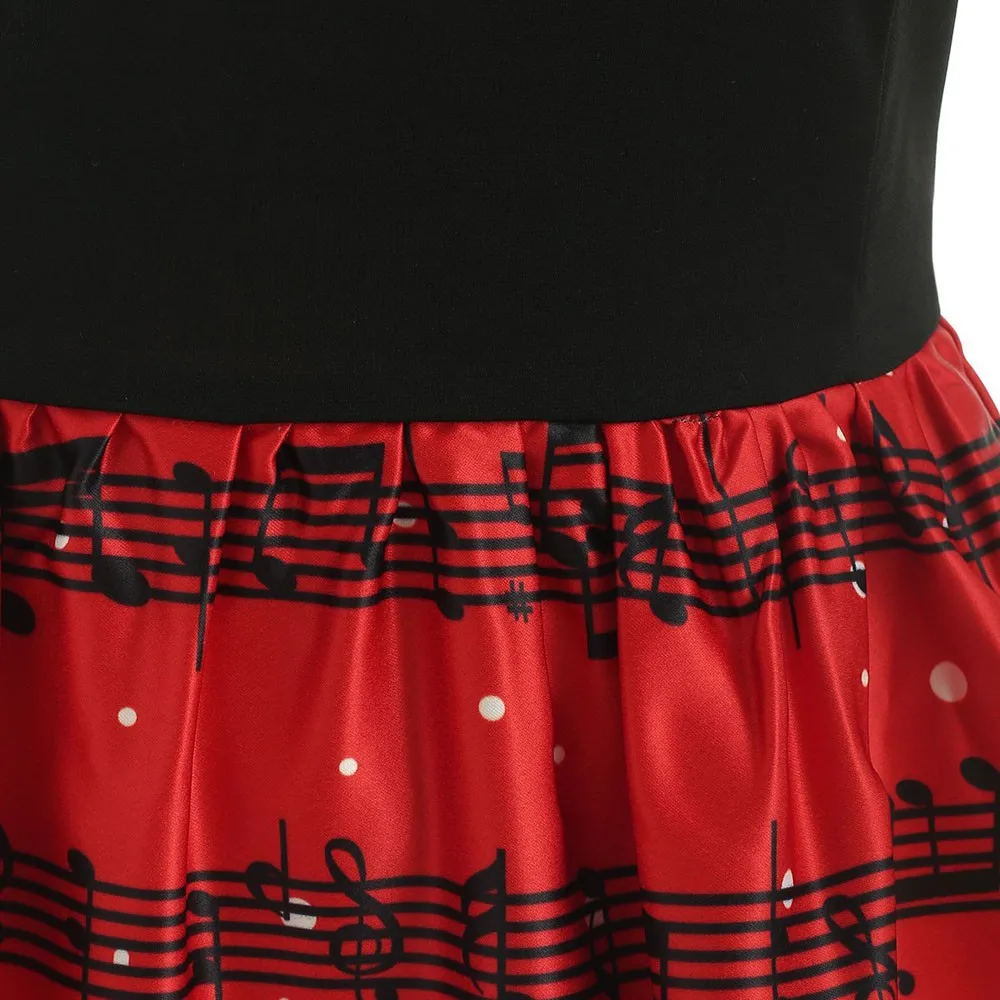 2019 Women Cats Musical Notes Print Christmas Dress V Neck A Line Long Sleeve Vintage Party Vestidos De Fiesta Noche Mujer | Женская