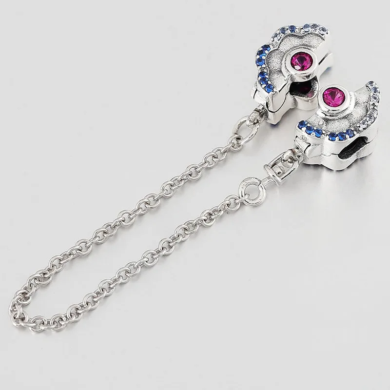 

100% 925 Sterling Silver Blue And Pink Fan Shaped Safety Chains Are Suitable For Pan Fashion Bracelet Accessories Jewelry