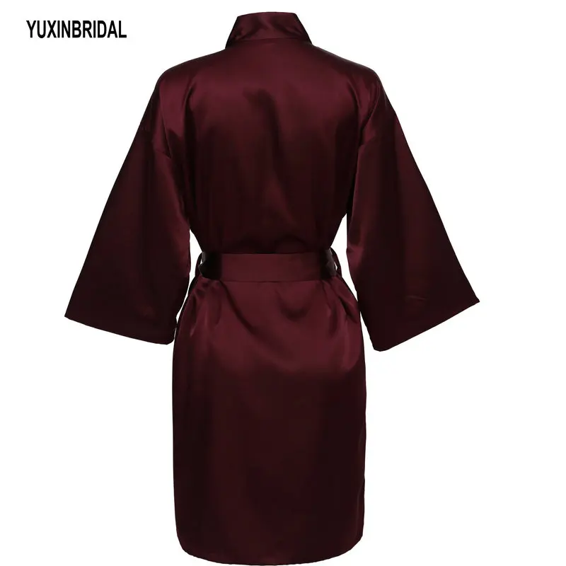 Wine Red YUXNBRIDAL Атласный халат для невесты, Свадебный банный халат, одежда для невесты, Свадебный Однотонный женский халат до колена - Цвет: Wine Red