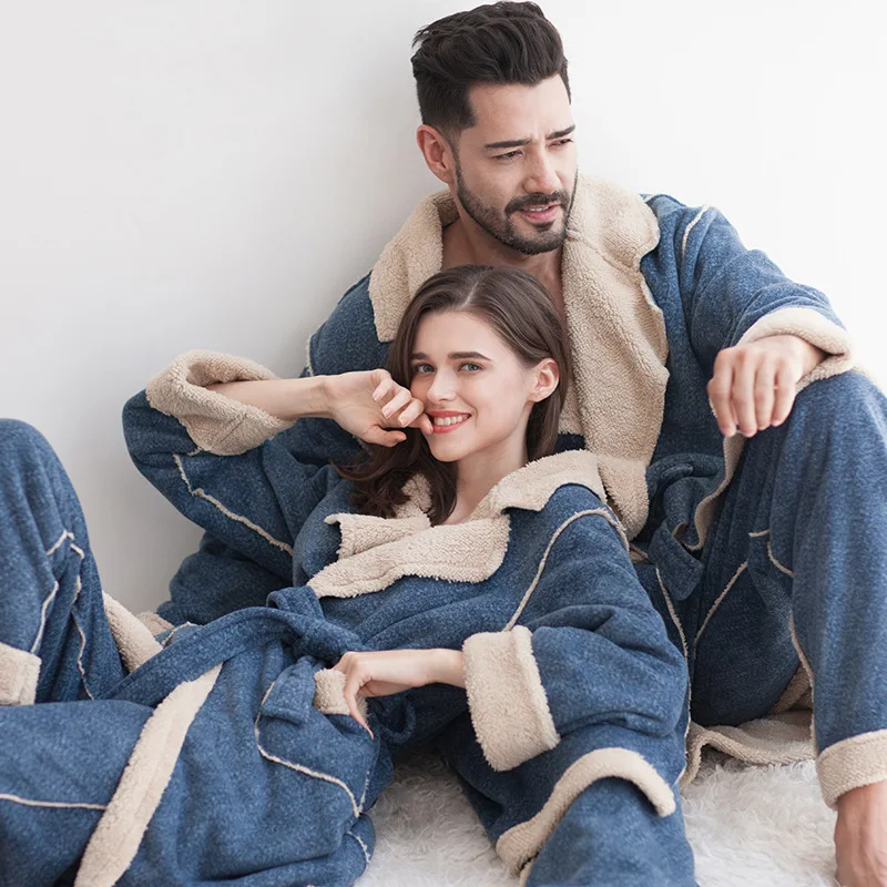 Autumn and Winter Bathrobe Couple Pajamas Female Nightgown Thickened Flannel Large Size Home Service Men and Women Extended Suit