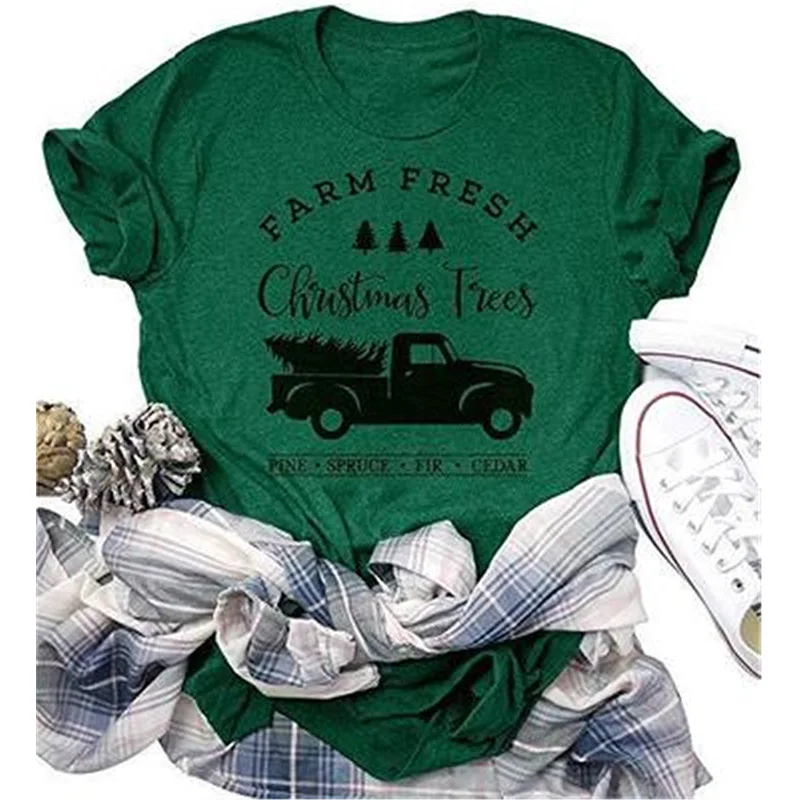 

Farm Fresh Christmas Trees Letter Print Chirtsmas Women T shirt Cute Xmas Car Pull Tree Graphic Women Tshirts Ladies Tops