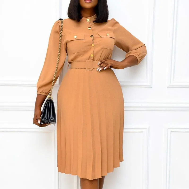 

Women Long Sleeve Pleated Dresses with Pockets Waist Belt A Line Button Up Female Fashion Autumn Vestidos Black Khaki Plus Size