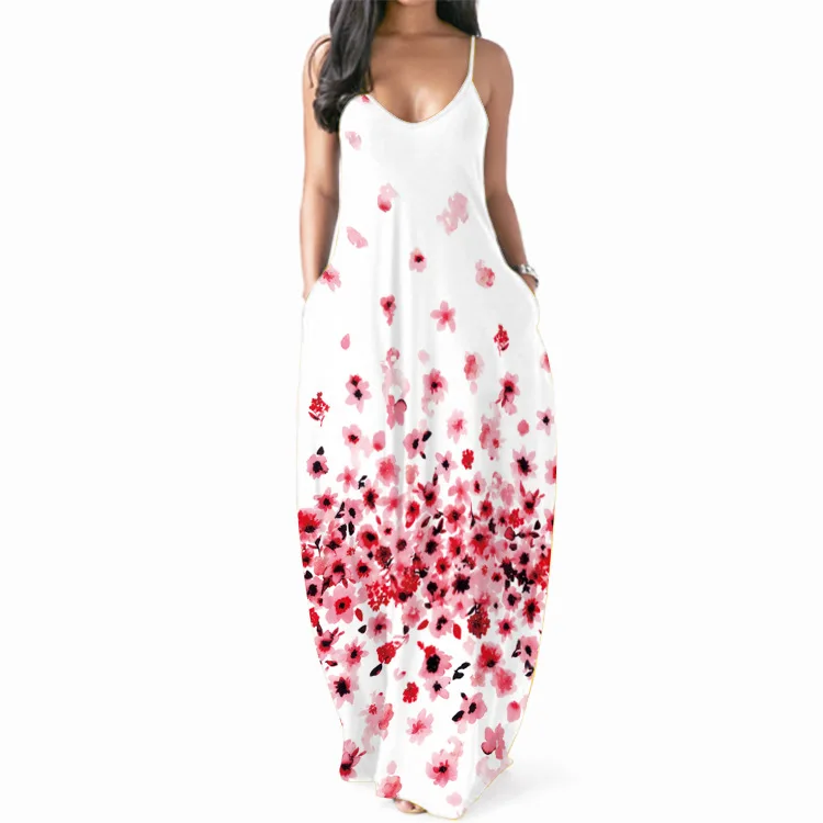 

2021 Summer Women's New Style Plus Size Long Skirt Printed Dress Sexy V-neck Suspender Long Skirt Beach Bohemian Dress