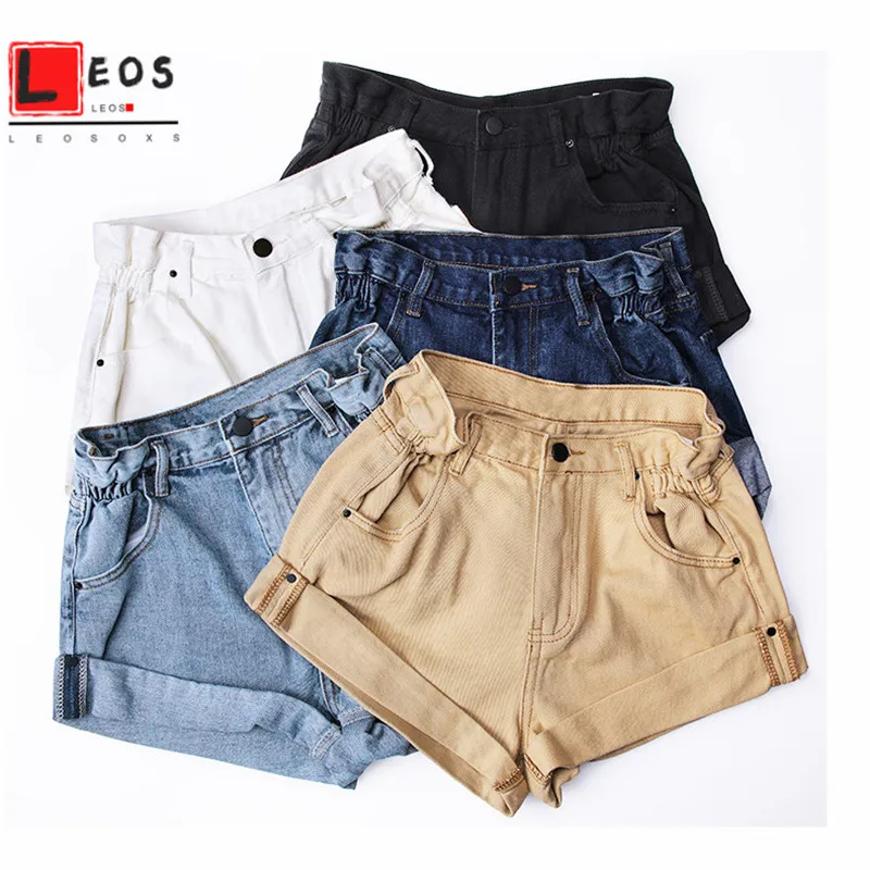 

Short Jeans Elastic High Waist Women White Khaki Wide Leg Elastic Waist Vintage Shorts Summer Cotton Loose Casual Shorts