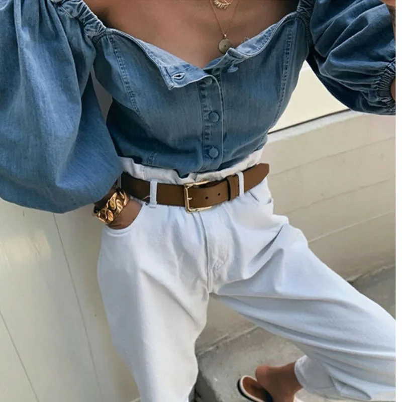 Блузка женская джинсовая средней длины повседневный топ на пуговицах свободная