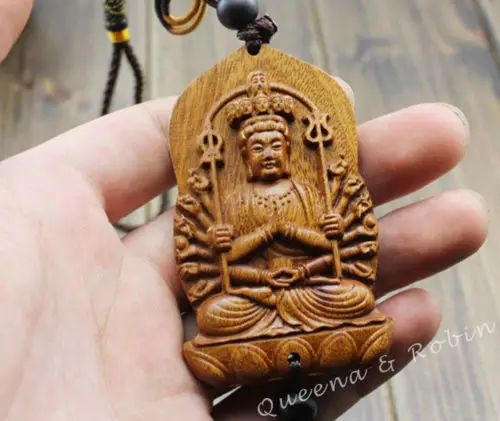 

Wood Carving Thousands Hands Kwan Yin Statue Car Pendant Amulet Wooden Craft