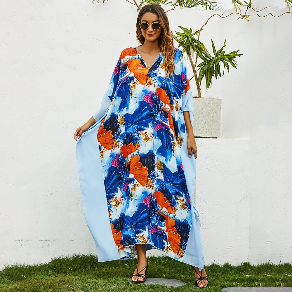 

Muslim African Mother Loose Robe V-neck Printed Bat Sleeve Dress 2021 New Women's Large Size