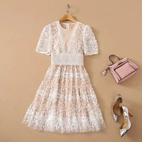 luxury embroidery dress 2021 summer fashion party event women o neck leaves patterns embroidery short sleeve casual gown dress
