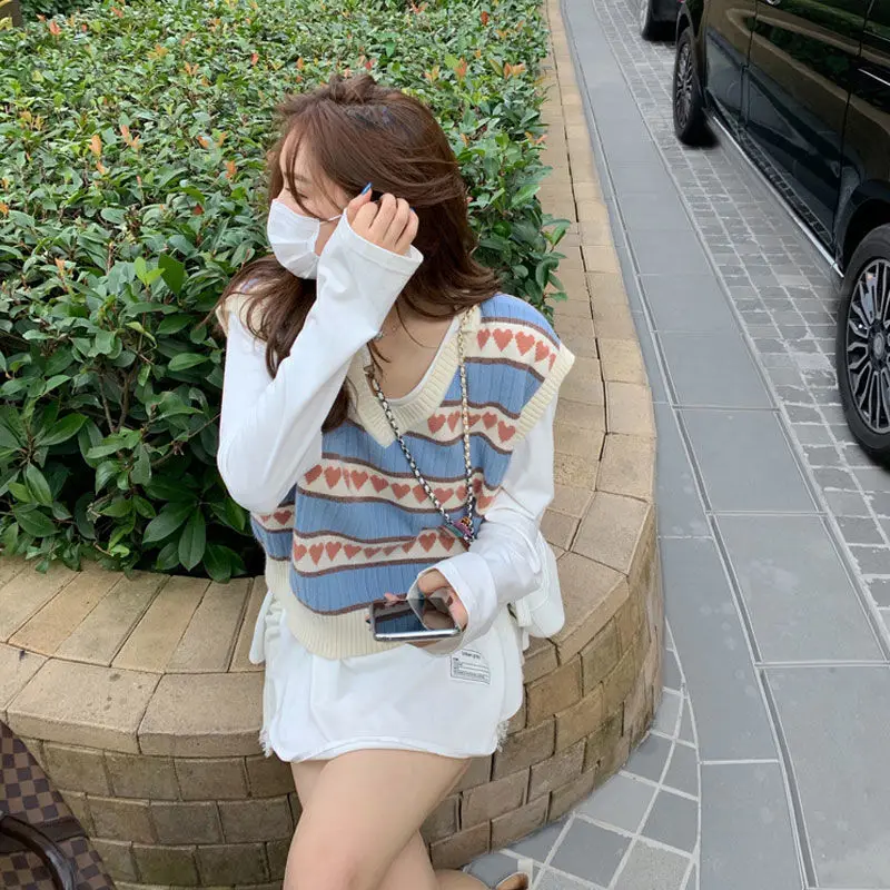 

Love Color Matching V-neck Sleeveless Knitted Vest Women's Early Spring New Versatile Women's Top Chic Knitwear