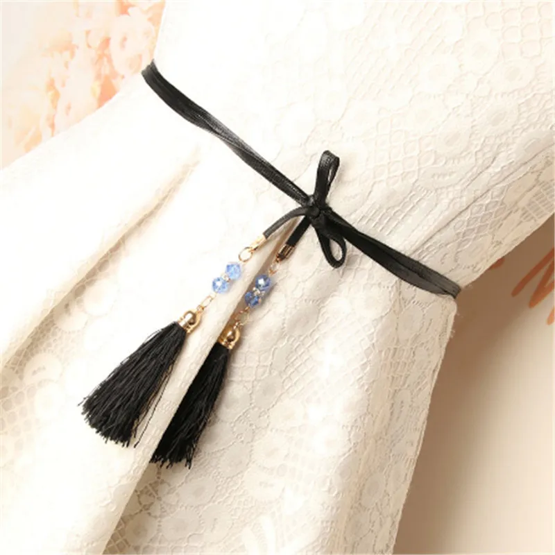

2022 NEW Thin Blue Pu Leather Belt Waistband Women Tassel Rope Chain Belts For Women Cintos De Mujer