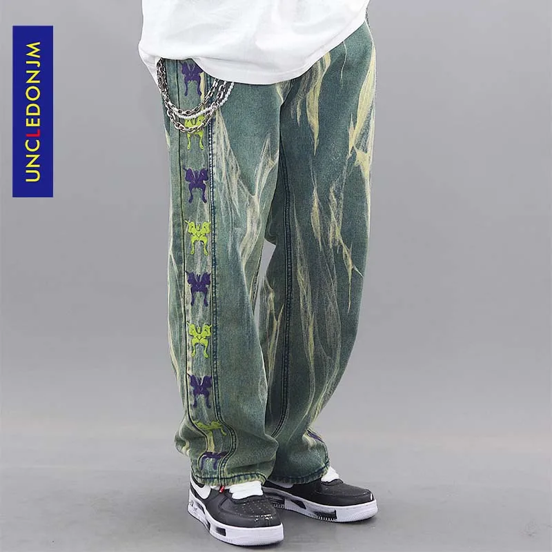 UNCLEDONJM 2020 уличные мужские свободные джинсовые брюки с боковой вышивкой винтажные