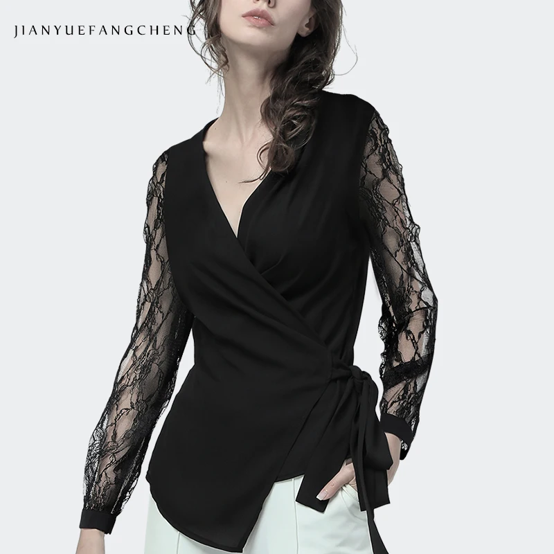 Женская летняя шифоновая блузка черная ажурная Цветочная туника с V образным