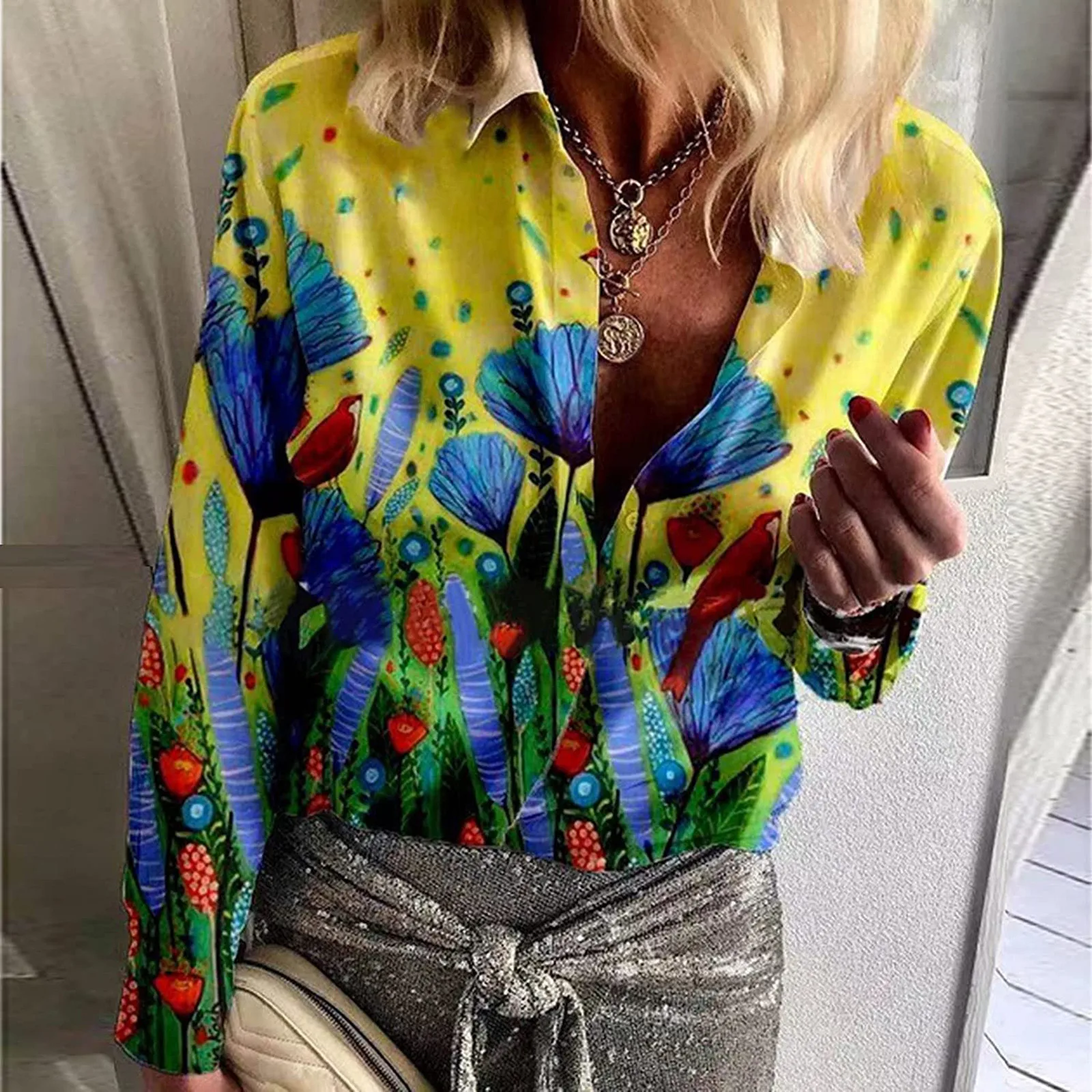 

Women Blouse Autumn Casual Printed V-neck Long Sleeve Turn-down Shirt Ladies Fashion Blouse Top Blusas Mujer De Moda Рубашка R5