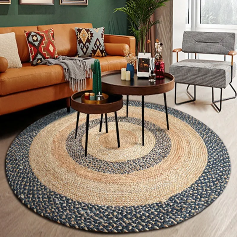 

Natural quality Jute handmade area rug, American style round shaped vintage decorative bedside carpet ,cool mat for summer