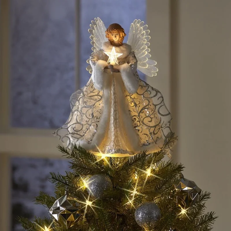 Decoraci&oacute;n de &aacute;rbol de Navidad, mu&ntilde;eco de &Aacute;ngel de m&eacute;tise dorado, LED brillante estrella superior de &aacute;rbol, decoraci&oacute;n superior de &aacute;rbol de Navidad, decoraci&oacute;n de vacaciones-1