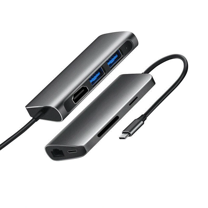 Адаптер 7 в 1 TC71N TYPE C для USB 3 0x2 + HDMI SD/TF кардридер RJ45 серебристо серый|Сетевые