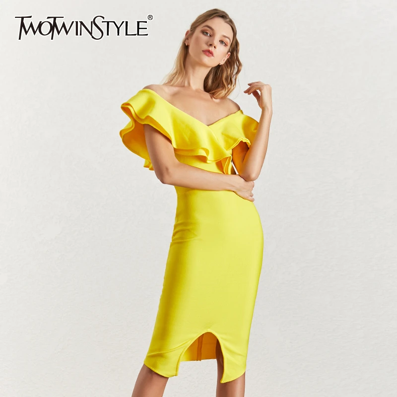 TWOTWINSTYLE тонкое сексуальное летнее платье для женщин с открытыми плечами оборками