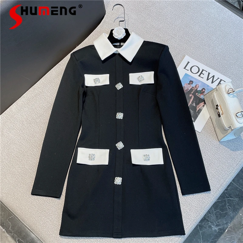 

2021 Winter New Female Retro French Elegant Slim-Fit Black White Suit Dress Women's Fashion Rhinestone Buckle Long Sleeve Dress